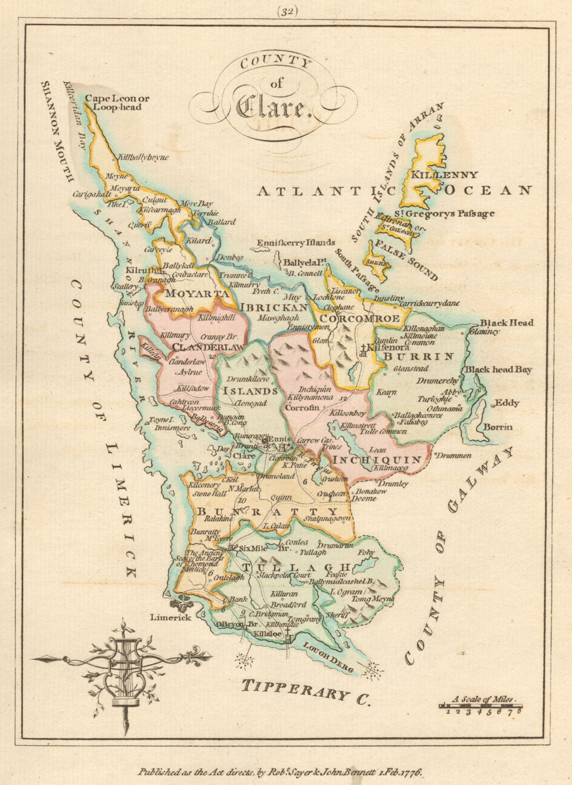 County of Clare, Munster. Antique copperplate map by Scalé / Sayer 1776